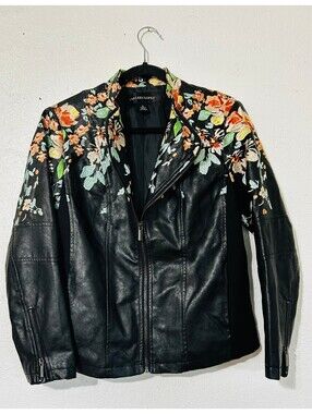 Colleen Lopez Embroidered Moto Jacket Black Faux Leather Floral Women Medium M
